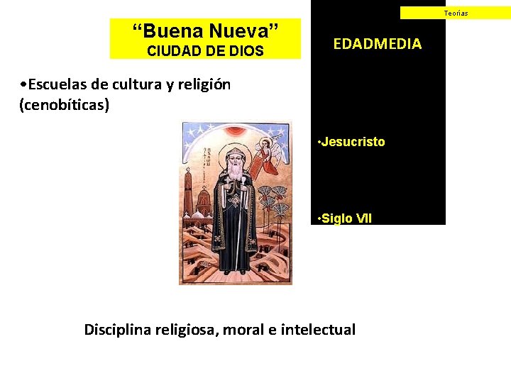 Teorías “Buena Nueva” CIUDAD DE DIOS EDADMEDIA • Escuelas de cultura y religión (cenobíticas)