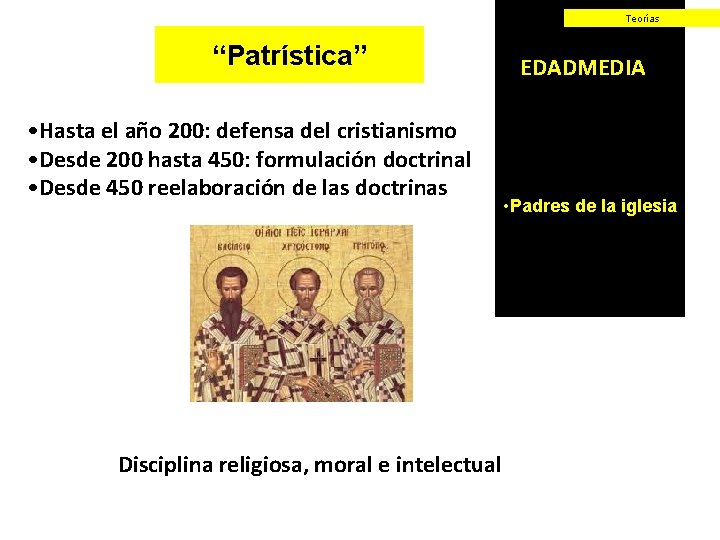 Teorías “Patrística” • Hasta el año 200: defensa del cristianismo • Desde 200 hasta