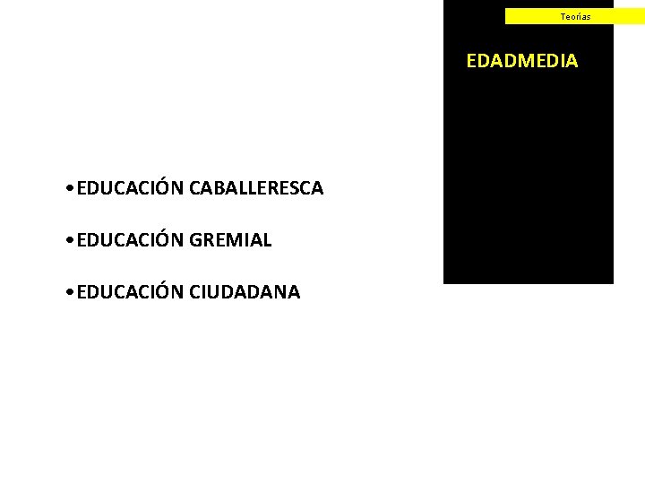 Teorías EDADMEDIA • EDUCACIÓN CABALLERESCA • EDUCACIÓN GREMIAL • EDUCACIÓN CIUDADANA 