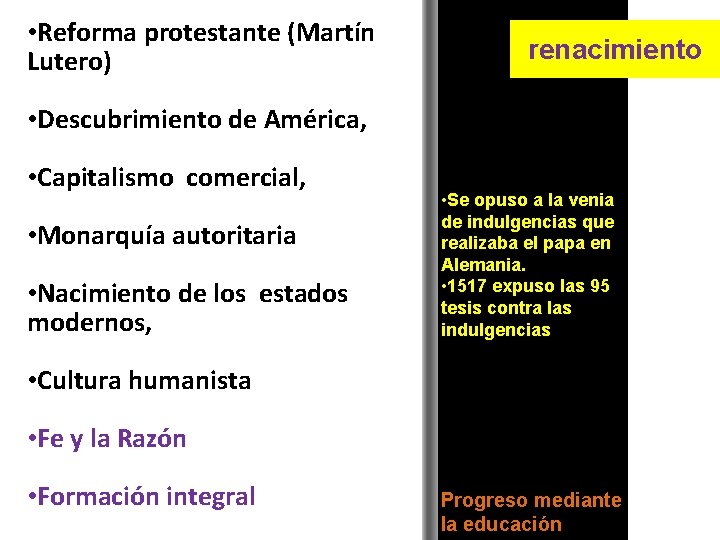  • Reforma protestante (Martín Lutero) renacimiento • Descubrimiento de América, • Capitalismo comercial,