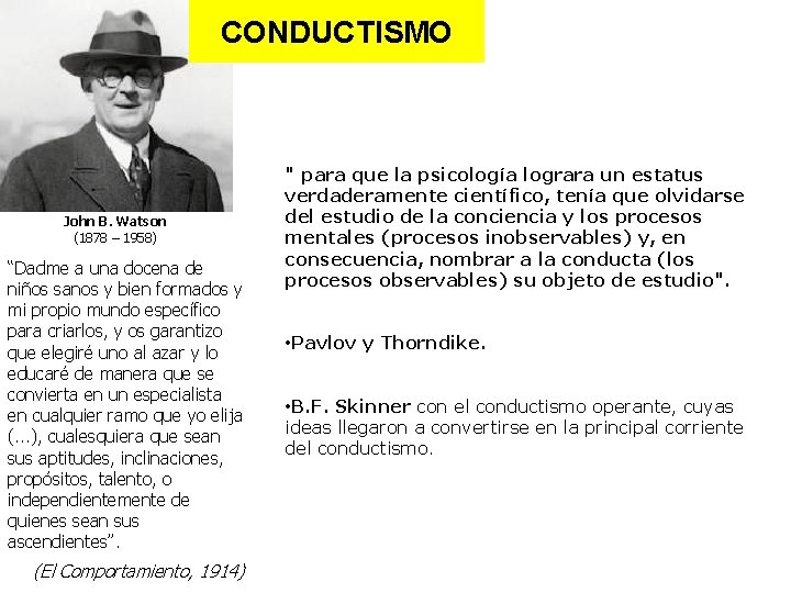 CONDUCTISMO John B. Watson (1878 – 1958) “Dadme a una docena de niños sanos