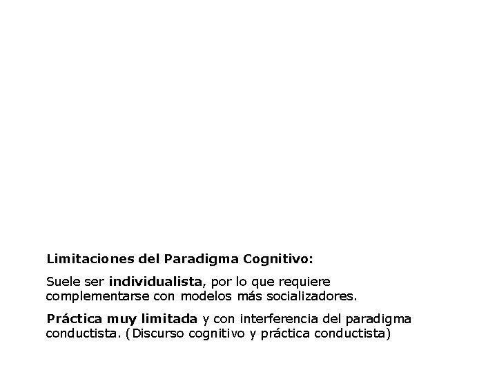 Limitaciones del Paradigma Cognitivo: Suele ser individualista, individualista por lo que requiere complementarse con