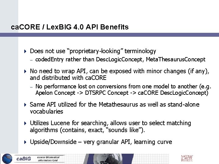 ca. CORE / Lex. BIG 4. 0 API Benefits Does not use “proprietary-looking” terminology