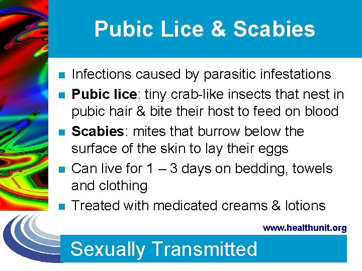 Pubic Lice & Scabies n n n Infections caused by parasitic infestations Pubic lice: