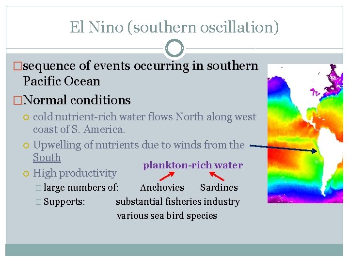 El Nino (southern oscillation) �sequence of events occurring in southern Pacific Ocean �Normal conditions