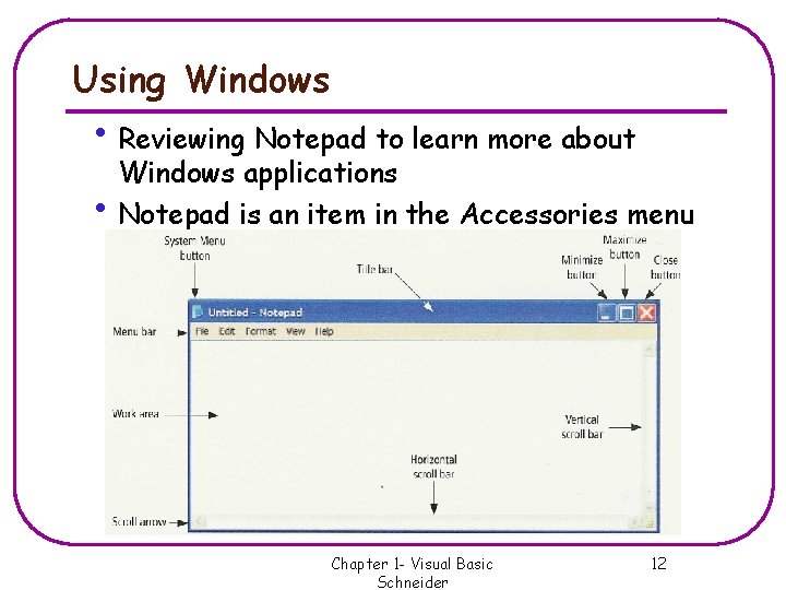 Using Windows • Reviewing Notepad to learn more about Windows applications • Notepad is Using Windows • Reviewing Notepad to learn more about Windows applications • Notepad is