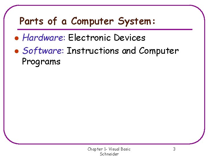 Parts of a Computer System: l l Hardware: Electronic Devices Software: Instructions and Computer Parts of a Computer System: l l Hardware: Electronic Devices Software: Instructions and Computer