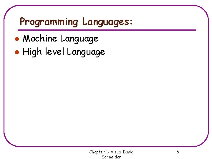 Programming Languages: l l Machine Language High level Language Chapter 1 - Visual Basic Programming Languages: l l Machine Language High level Language Chapter 1 - Visual Basic