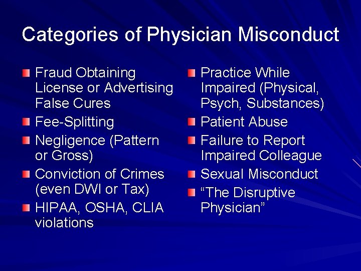 Categories of Physician Misconduct Fraud Obtaining License or Advertising False Cures Fee-Splitting Negligence (Pattern