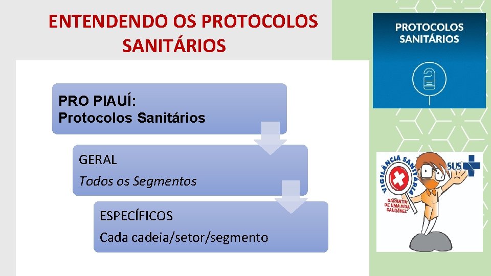 ENTENDENDO OS PROTOCOLOS SANITÁRIOS PRO PIAUÍ: Protocolos Sanitários GERAL Todos os Segmentos ESPECÍFICOS Cada