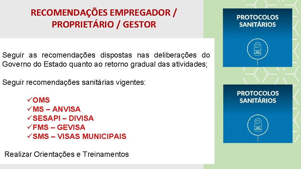 RECOMENDAÇÕES EMPREGADOR / PROPRIETÁRIO / GESTOR Seguir as recomendações dispostas nas deliberações do Governo