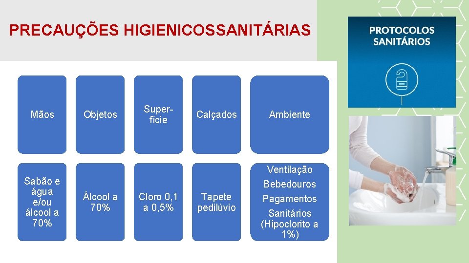 PRECAUÇÕES HIGIENICOSSANITÁRIAS Mãos Sabão e água e/ou álcool a 70% Objetos Álcool a 70%