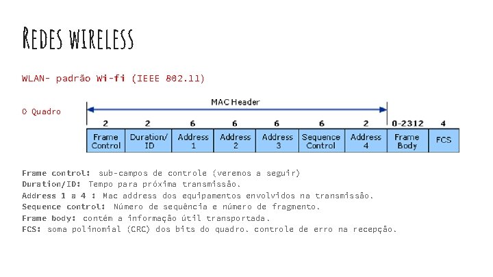 Redes wireless WLAN- padrão Wi-fi (IEEE 802. 11) O Quadro Frame control: sub-campos de