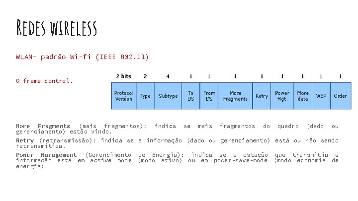 Redes wireless WLAN- padrão Wi-fi (IEEE 802. 11) O frame control. More Fragments (mais