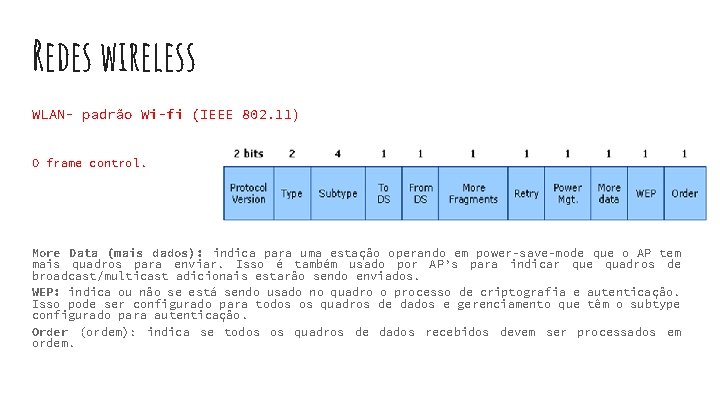 Redes wireless WLAN- padrão Wi-fi (IEEE 802. 11) O frame control. More Data (mais