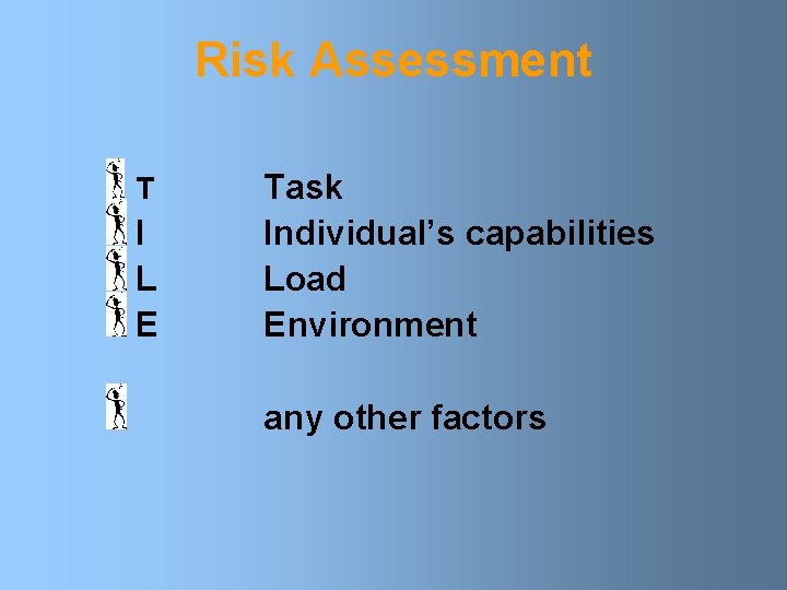 Risk Assessment T I L E Task Individual’s capabilities Load Environment any other factors