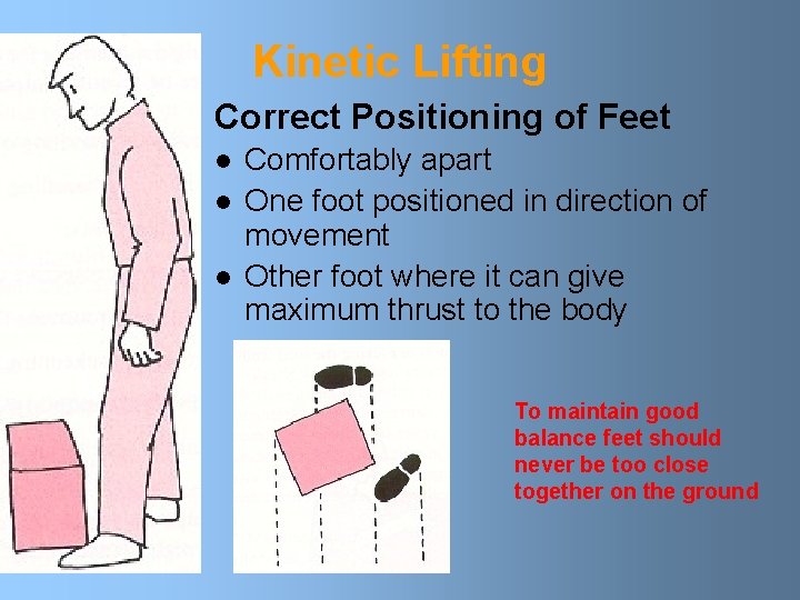 Kinetic Lifting Correct Positioning of Feet l l l Comfortably apart One foot positioned