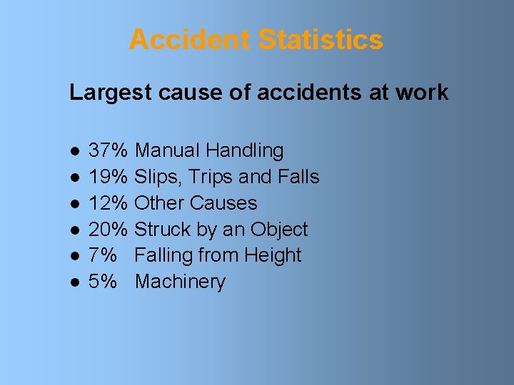 Accident Statistics Largest cause of accidents at work l l l 37% Manual Handling