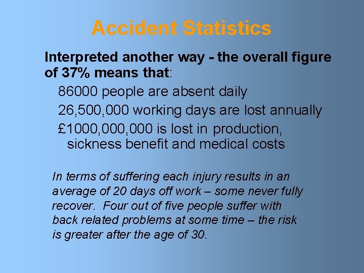 Accident Statistics Interpreted another way - the overall figure of 37% means that: 86000