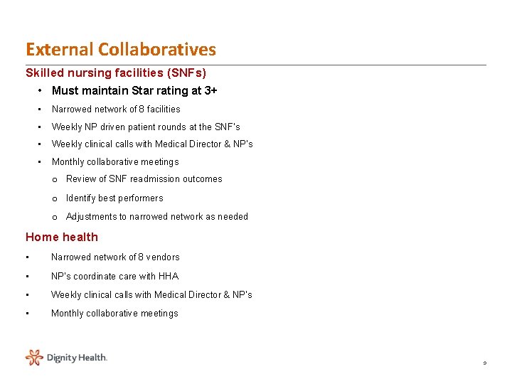 External Collaboratives Skilled nursing facilities (SNFs) • Must maintain Star rating at 3+ •