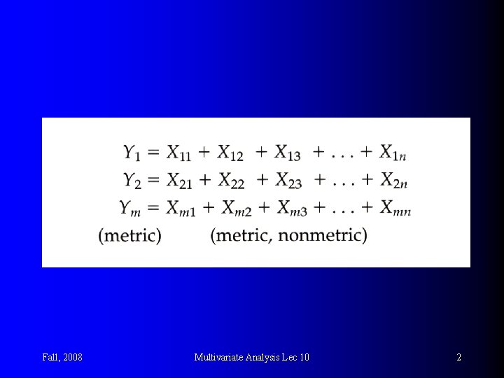 Fall, 2008 Multivariate Analysis Lec 10 2 