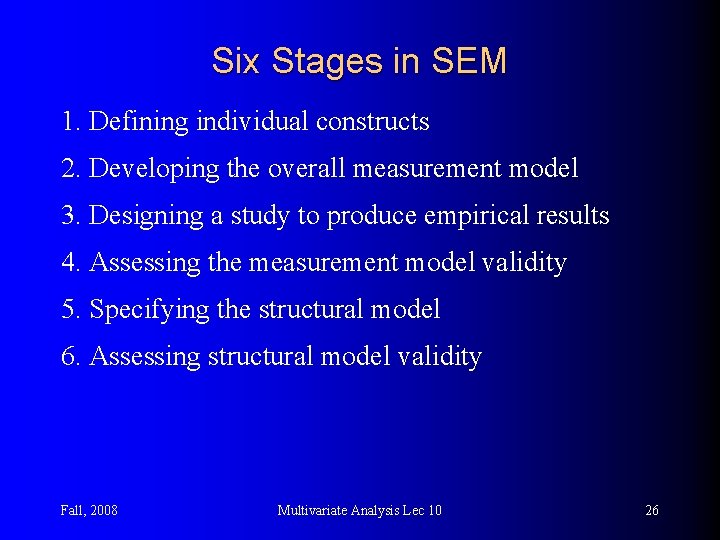 Six Stages in SEM 1. Defining individual constructs 2. Developing the overall measurement model