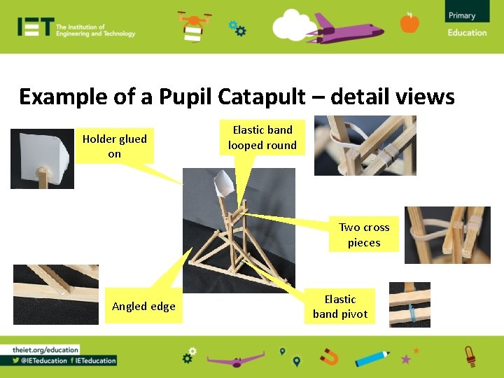 Example of a Pupil Catapult – detail views Holder glued on Elastic band looped