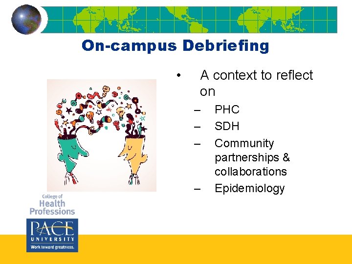 On-campus Debriefing • A context to reflect on – – PHC SDH Community partnerships On-campus Debriefing • A context to reflect on – – PHC SDH Community partnerships