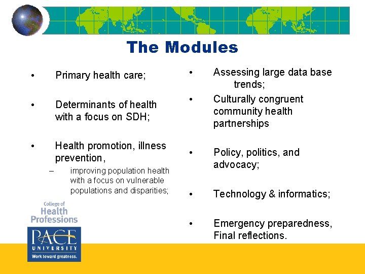 The Modules • Primary health care; • Determinants of health with a focus on The Modules • Primary health care; • Determinants of health with a focus on