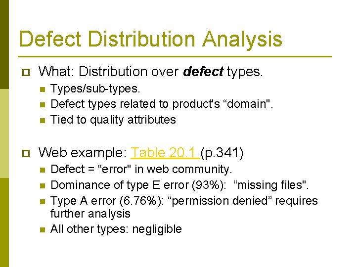 Defect Distribution Analysis p What: Distribution over defect types. n n n p Types/sub-types.