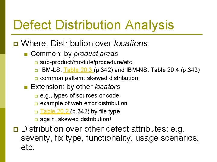 Defect Distribution Analysis p Where: Distribution over locations. n Common: by product areas sub-product/module/procedure/etc.