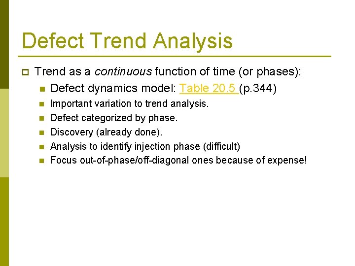 Defect Trend Analysis p Trend as a continuous function of time (or phases): n