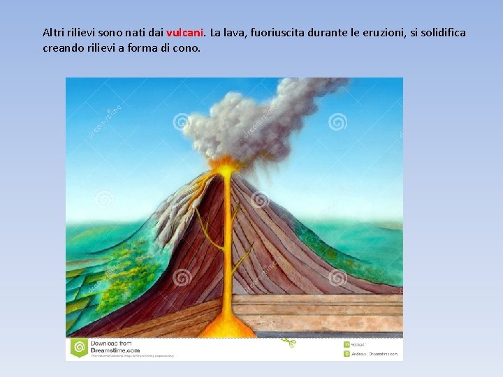 Altri rilievi sono nati dai vulcani. La lava, fuoriuscita durante le eruzioni, si solidifica