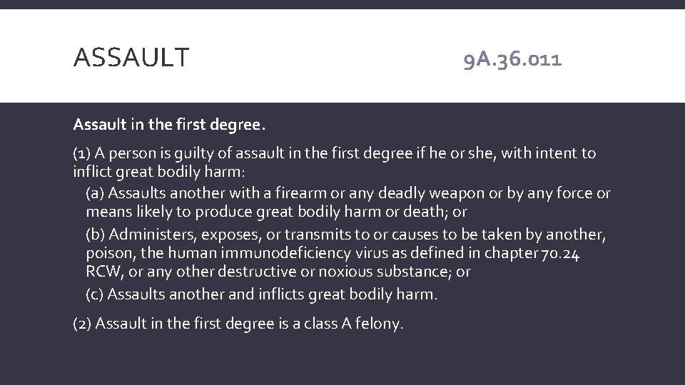 ASSAULT 9 A. 36. 011 Assault in the first degree. (1) A person is