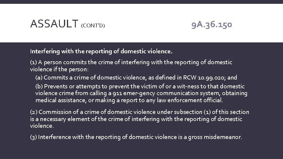 ASSAULT (CONT’D) 9 A. 36. 150 Interfering with the reporting of domestic violence. (1)