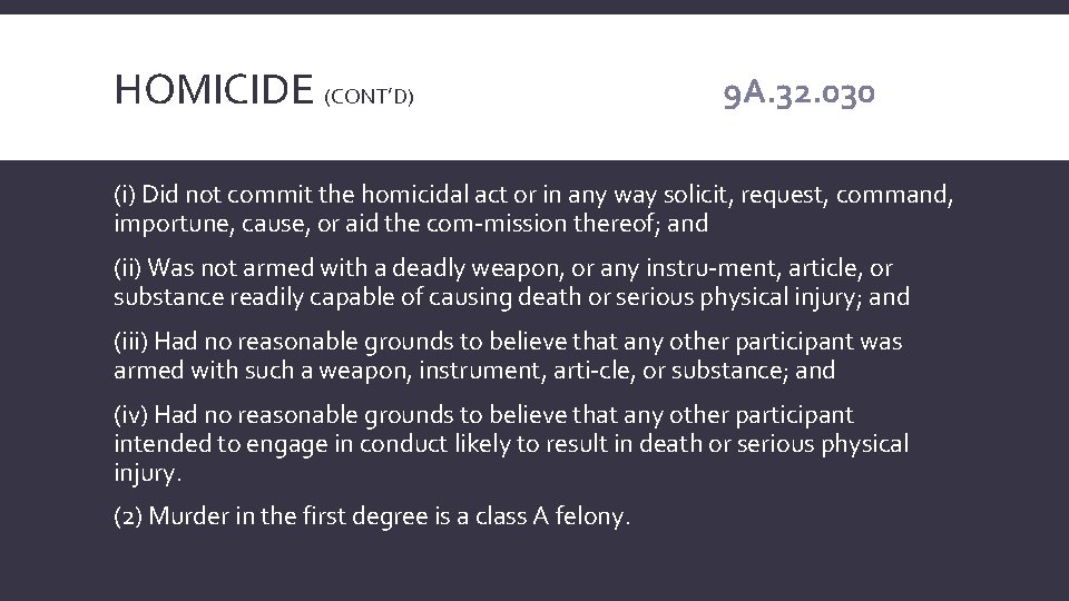 HOMICIDE (CONT’D) 9 A. 32. 030 (i) Did not commit the homicidal act or