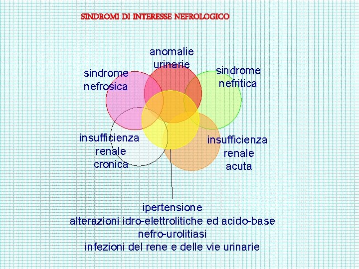 SINDROMI DI INTERESSE NEFROLOGICO sindrome nefrosica insufficienza renale cronica anomalie urinarie sindrome nefritica insufficienza