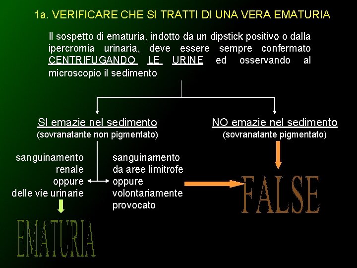 1 a. VERIFICARE CHE SI TRATTI DI UNA VERA EMATURIA Il sospetto di ematuria,