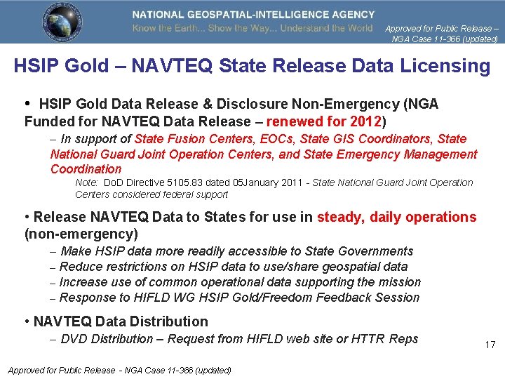 Approved for Public Release – NGA Case 11 -366 (updated) HSIP Gold – NAVTEQ