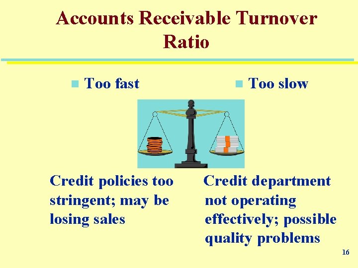 Accounts Receivable Turnover Ratio n Too fast Credit policies too stringent; may be losing