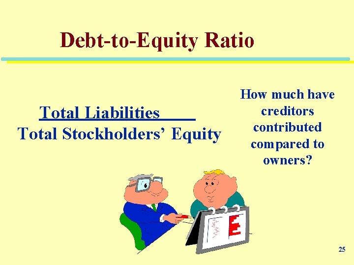 Debt-to-Equity Ratio Total Liabilities Total Stockholders’ Equity How much have creditors contributed compared to