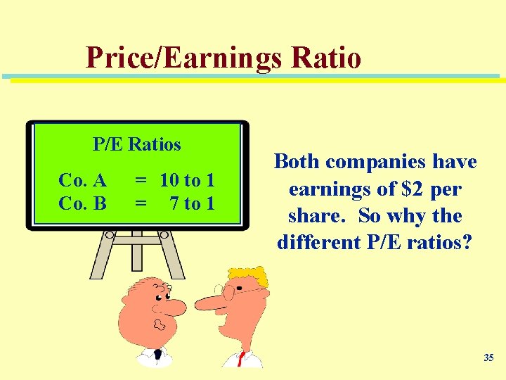 Price/Earnings Ratio P/E Ratios Co. A Co. B = 10 to 1 = 7