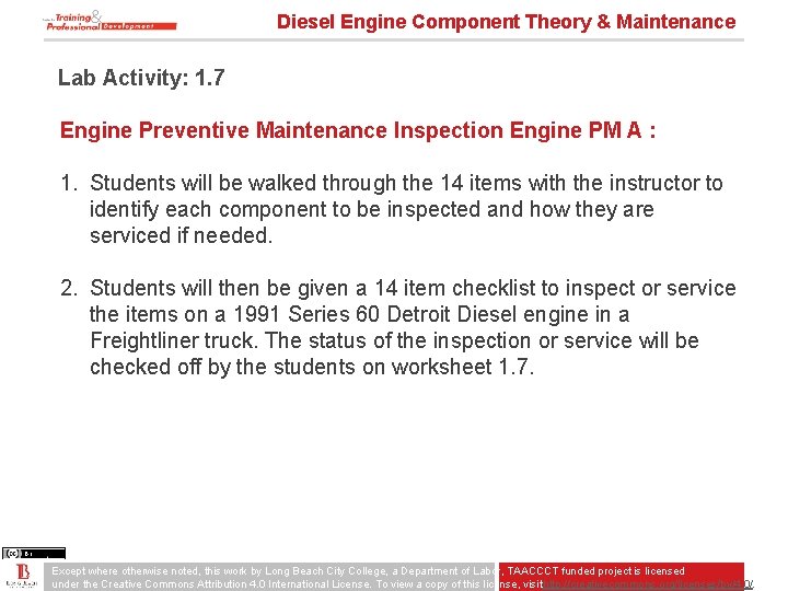 Diesel Engine Component Theory & Maintenance Lab Activity: 1. 7 Engine Preventive Maintenance Inspection