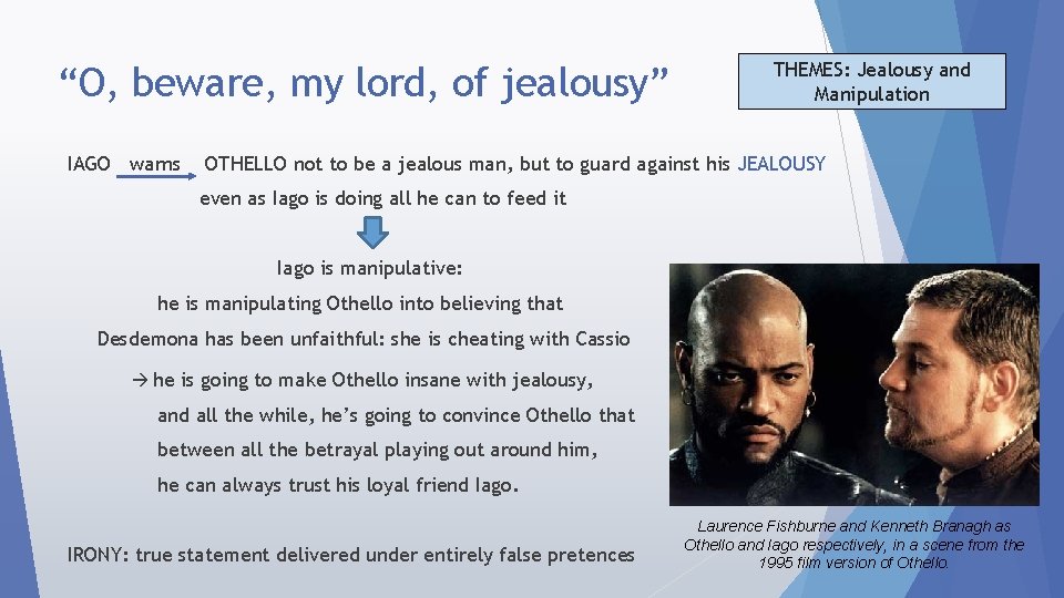 “O, beware, my lord, of jealousy” IAGO warns THEMES: Jealousy and Manipulation OTHELLO not