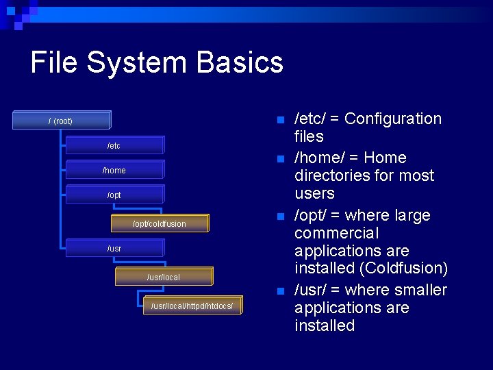 File System Basics n / (root) /etc n /home /opt/coldfusion n /usr/local/httpd/htdocs/ /etc/ =