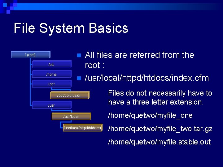 File System Basics n / (root) /etc /home n /opt All files are referred
