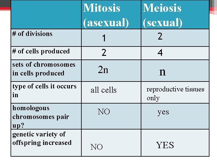 Mitosis (asexual) Meiosis (sexual) # of divisions 1 2 # of cells produced 2