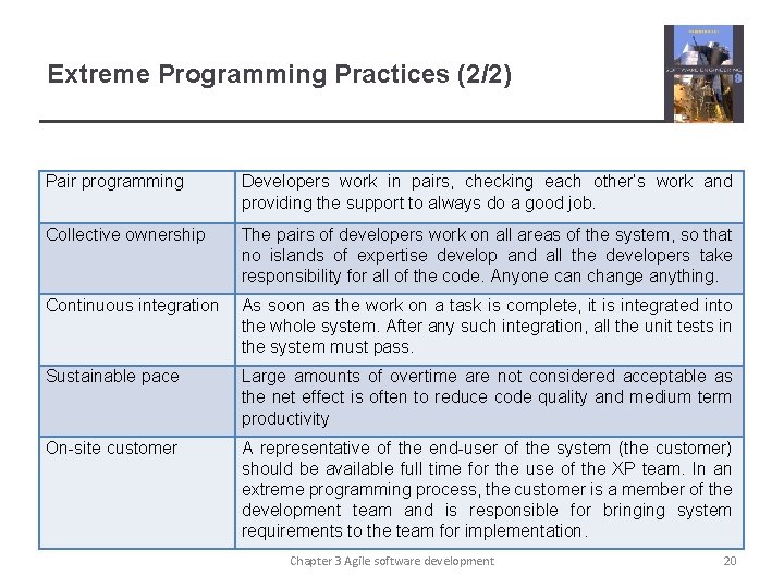Extreme Programming Practices (2/2) Pair programming Developers work in pairs, checking each other’s work