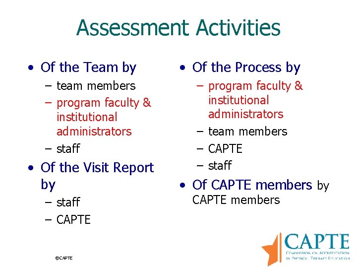Assessment Activities • Of the Team by – team members – program faculty &