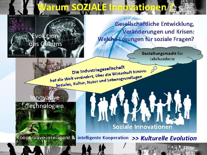 Warum SOZIALE Innovationen ? Evolution des Gehirns Gesellschaftliche Entwicklung, Veränderungen und Krisen: Welche Lösungen